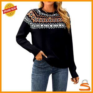 Fair Isle Pullover Sweater, Chunky Knit, Crew Neck, Winter Holiday Vintage